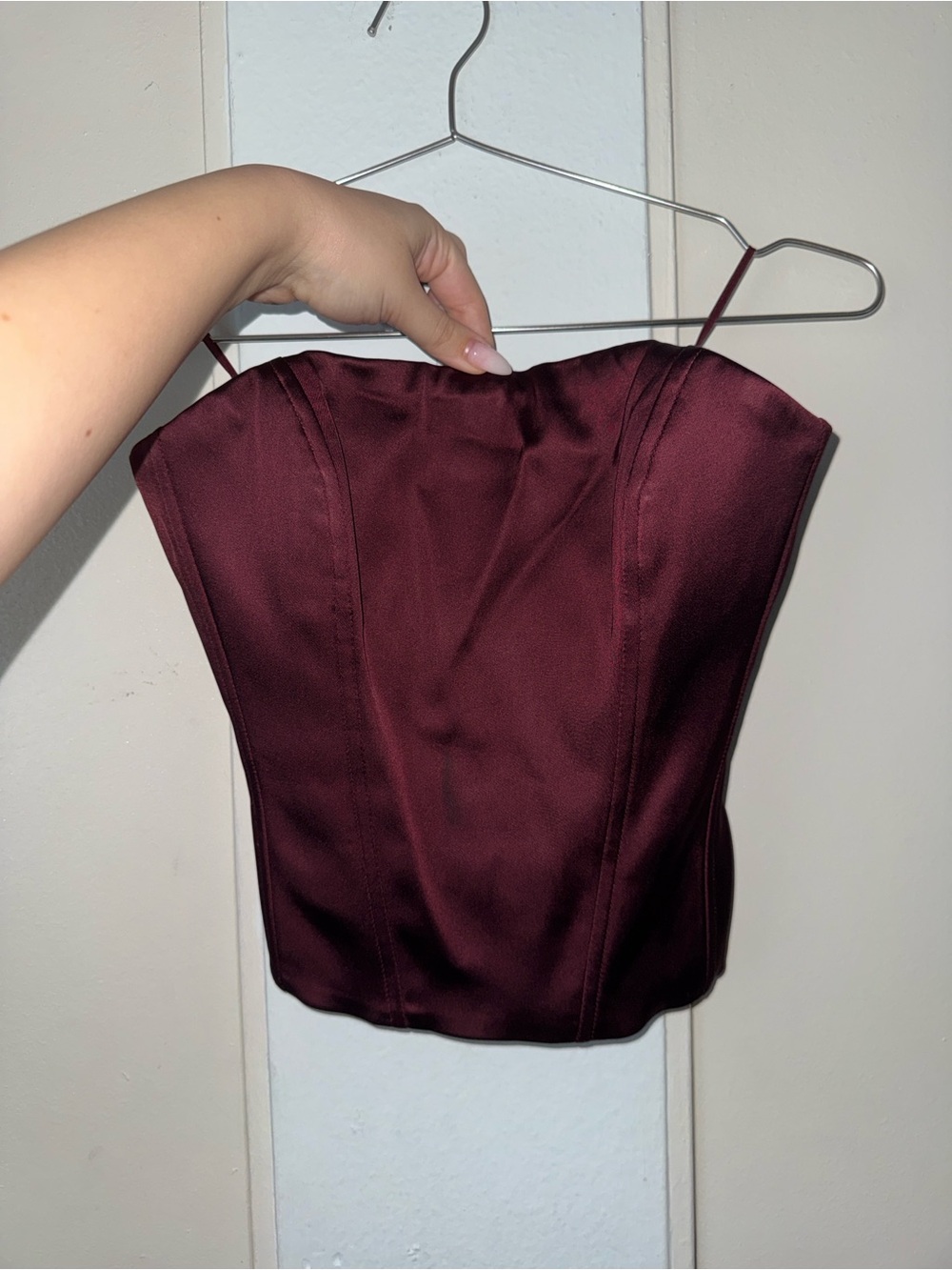 Aritzia Strapless Satin Bustier Top in Burgundy